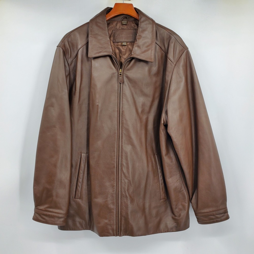 St Johns Bay Mens XL Brown Leather Jacket Quilted Lined Full Zip Bomber Coat